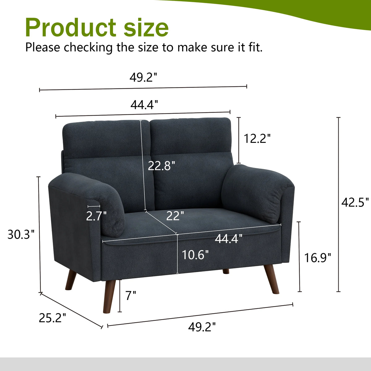 Black Upholstered 2-Seater Loveseat Sofa with Wood Legs B80707