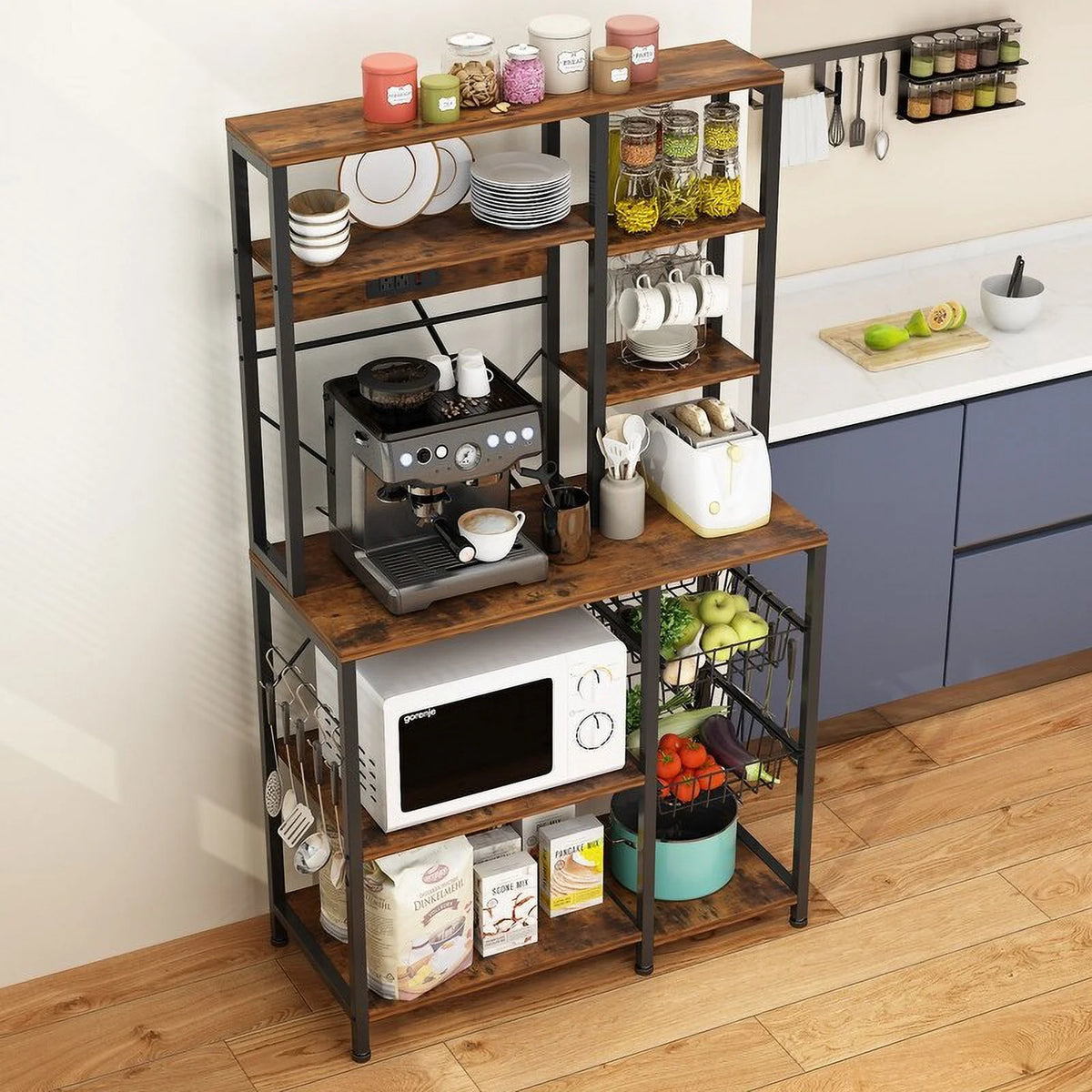 6 Layers Vintage Kitchen Baker's Rack with 10 S Hooks and Outlets R3522