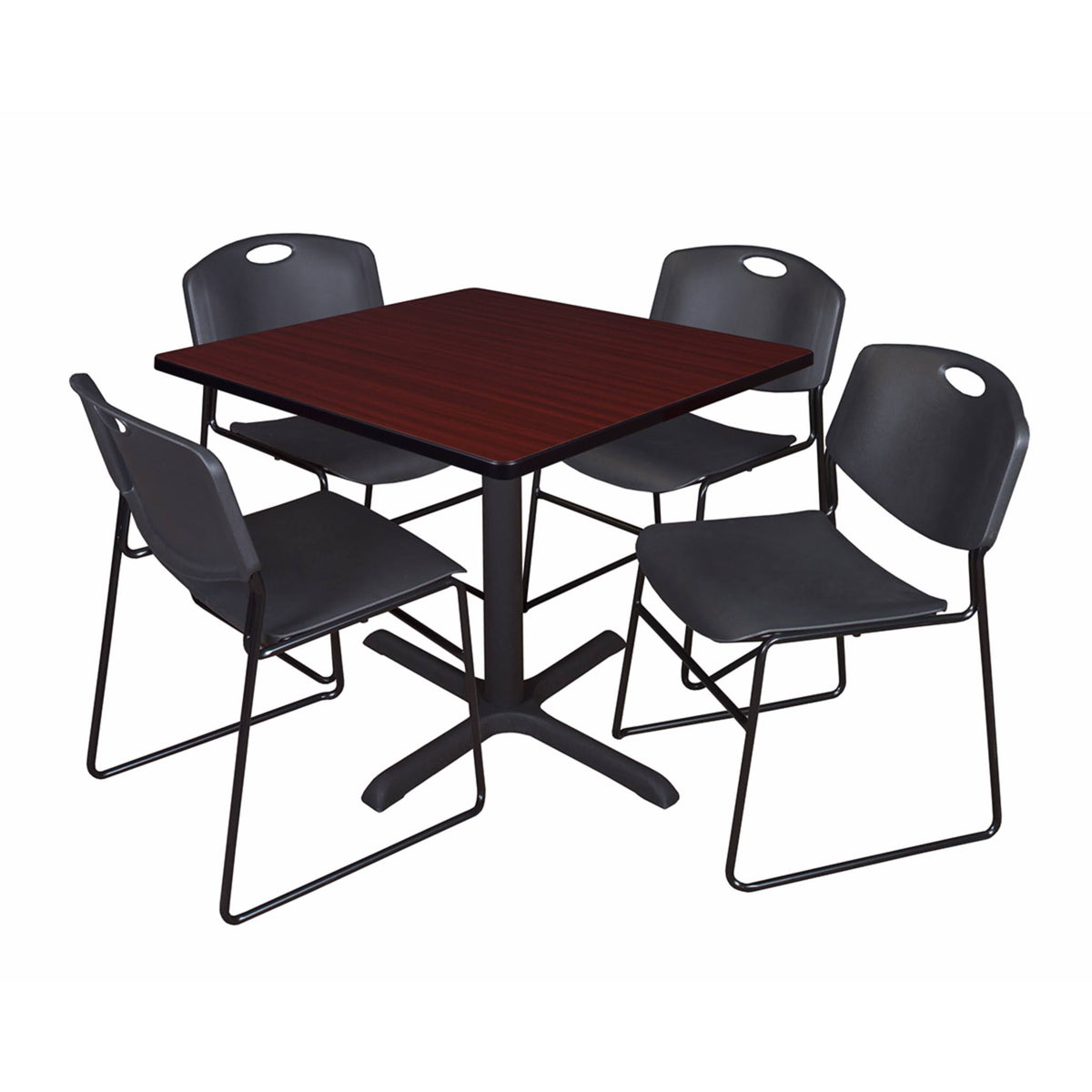 Mahogany Square Breakroom Table & 4 Black Stack Chairs B98676