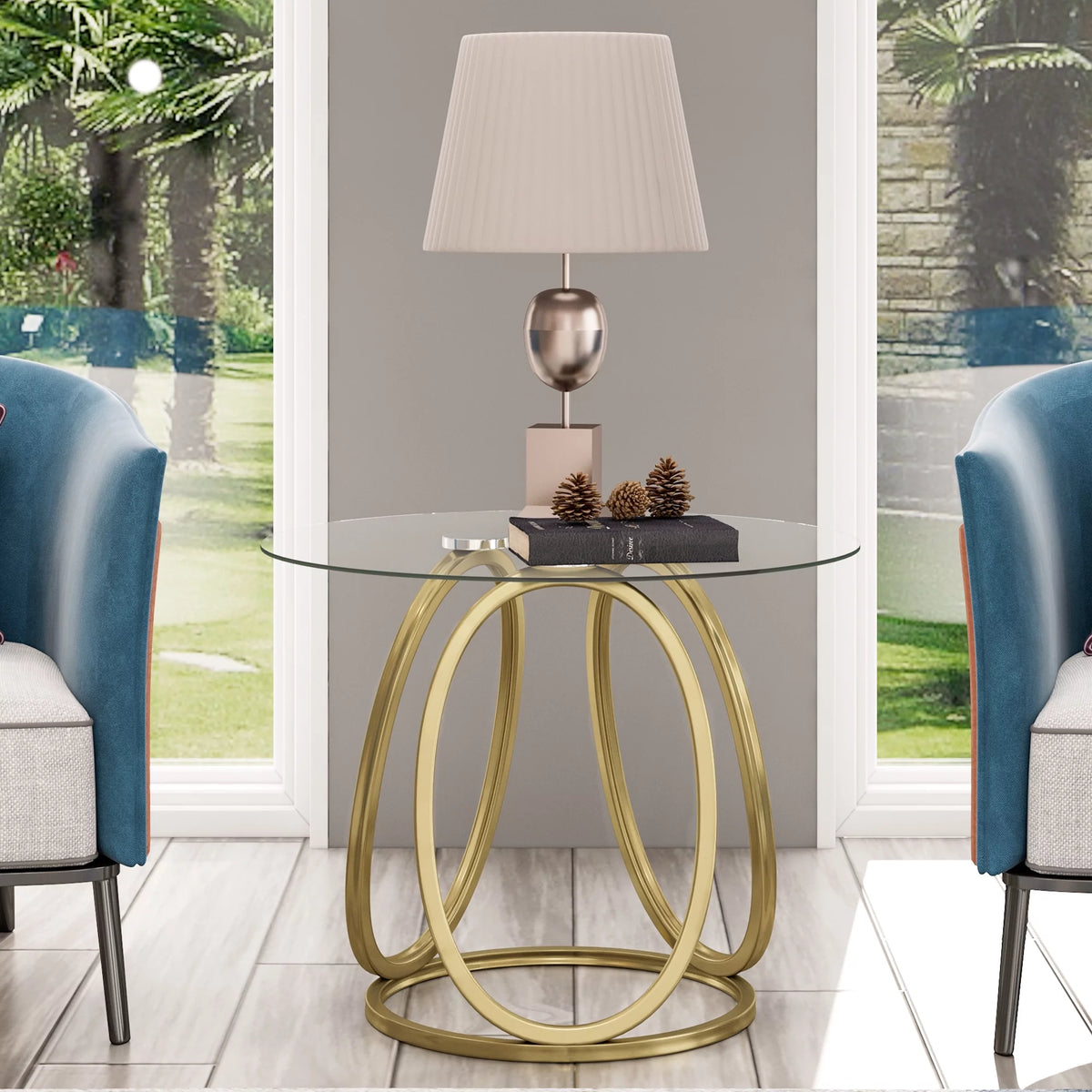 Modern Glass Round End Table with Gold Metal Frame A64887