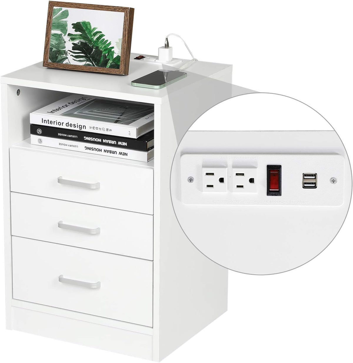 White 3 Drawer Nightstand with Open Storage R6129