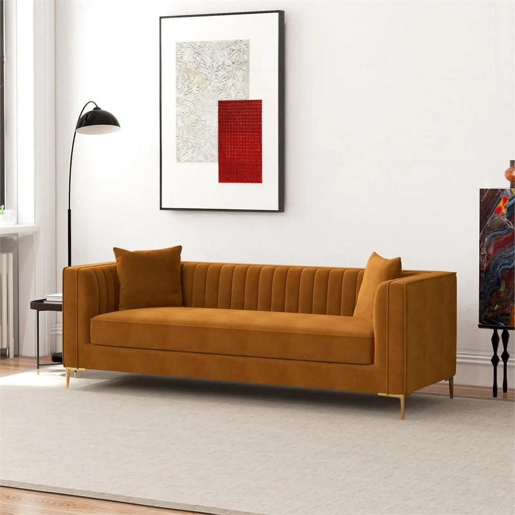 Cognac Tan Velvet Square Arm Couch N3766