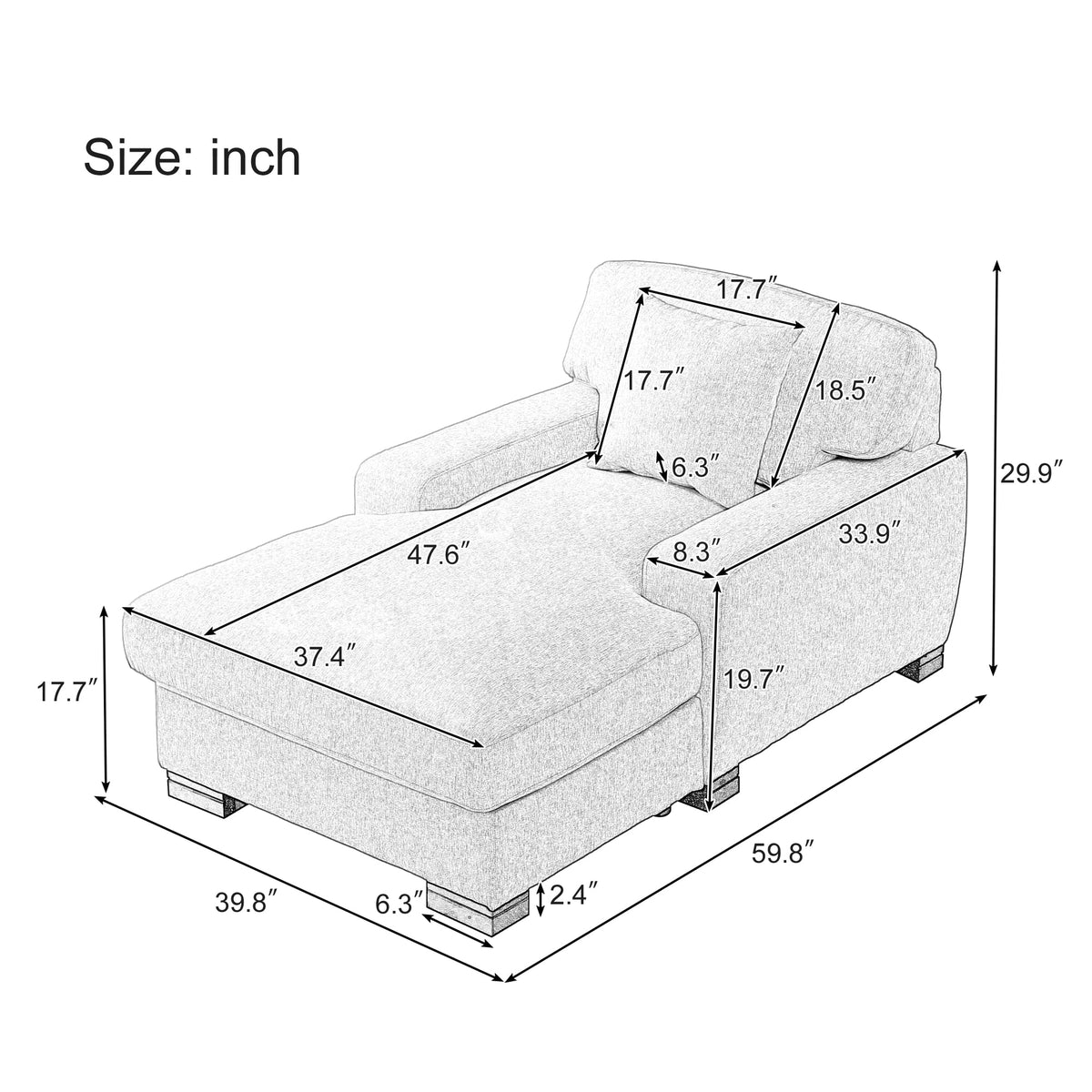 Gray Velvet Chaise Lounger Sofa with Pillow and Wood Legs E4740