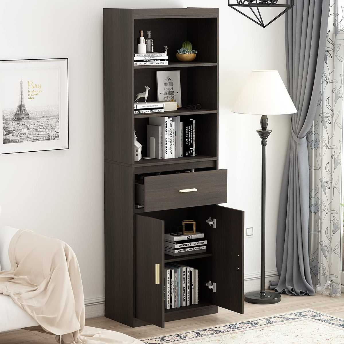 Modern 3 Tier Wooden Bookcase with 2 Doors and 1 Drawer I40560
