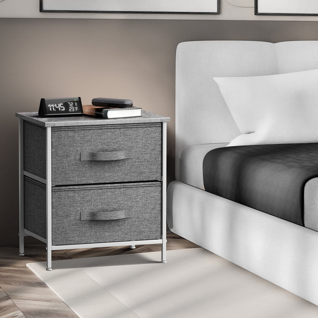 2 Drawer Nightstand with Steel Frame, Wood Top, Fabric Bins Y667