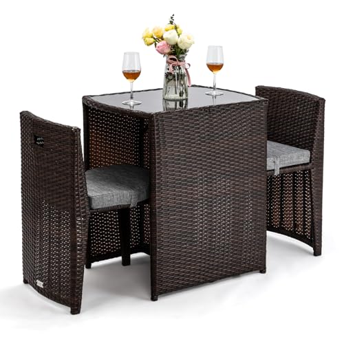 3 PCS Wicker Patio Bistro Set with Glass Top Table and Chairs A689167