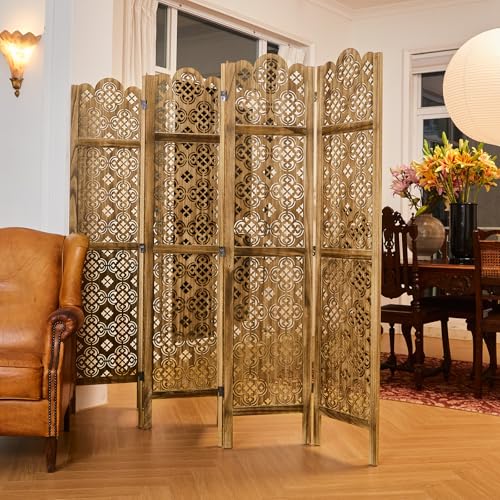 68.9 Inch 4 Panels Wood Carved Folding Room Divider R6610