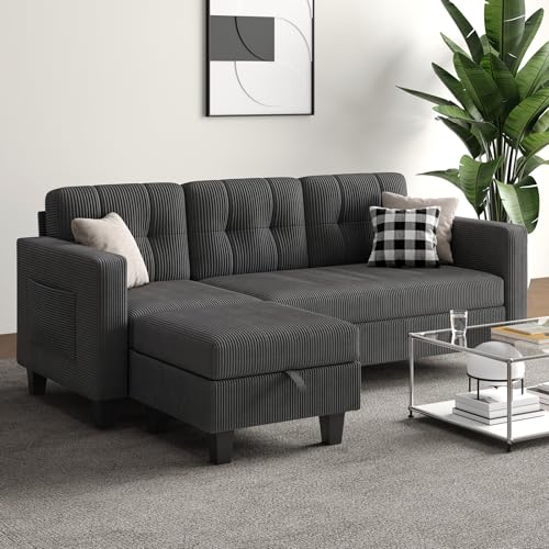 76 Inch Corduroy L Shaped Sectional Sofa with Storage Ottoman W278430