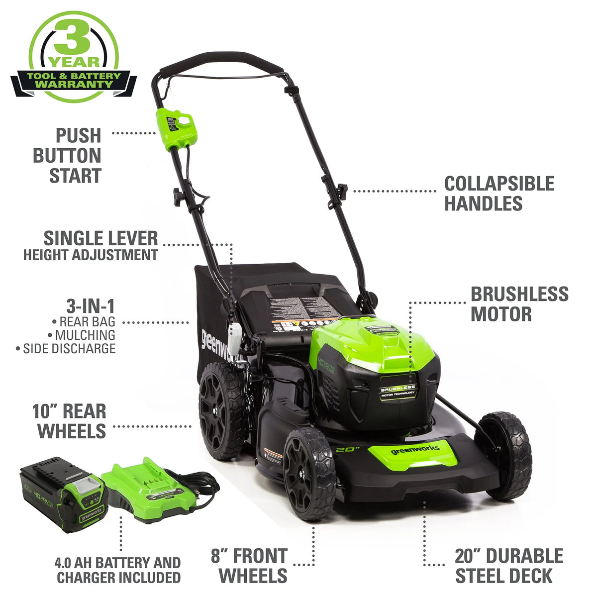 40V 20 Brushless Push Lawn Mower with 4.0 Ah Battery & Quick Charger V43204