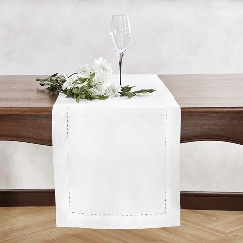 White Cotton Linen Table Runner with Embroidery V651