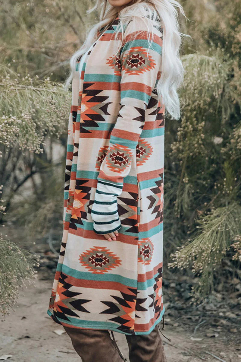 Geometric Print Contrast Cardigan Collar Outerwear O961