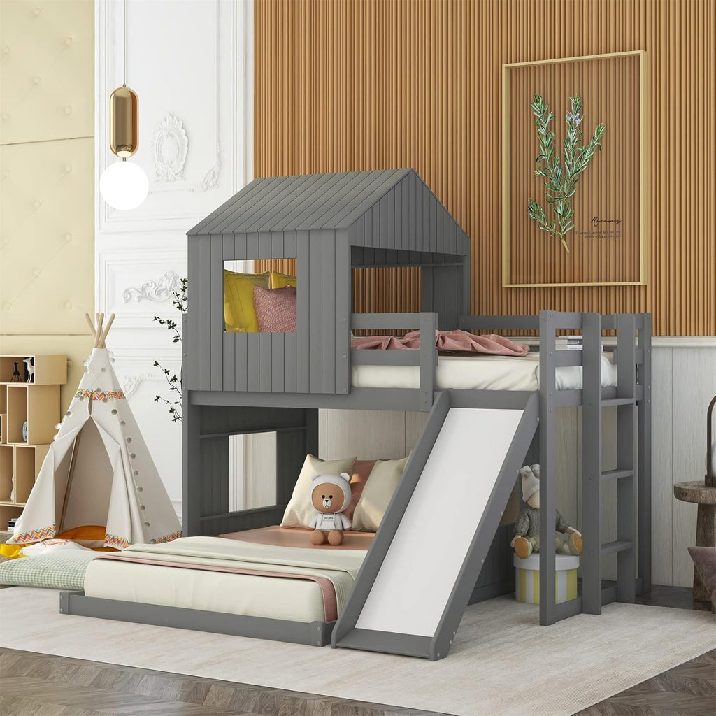 White Twin Over Twin Wood Bunk Bed with Slide and Storage Staircase O101