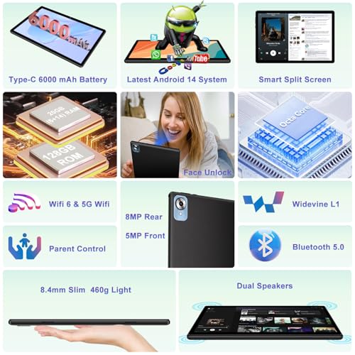Android 14 Tablet with Keyboard 20GB+128GB 10.1 Inch Octa-Core 2-in-1 HD IPS Display Black P388