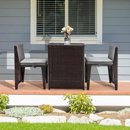 3 PCS Wicker Patio Bistro Set with Glass Top Table and Chairs A689167