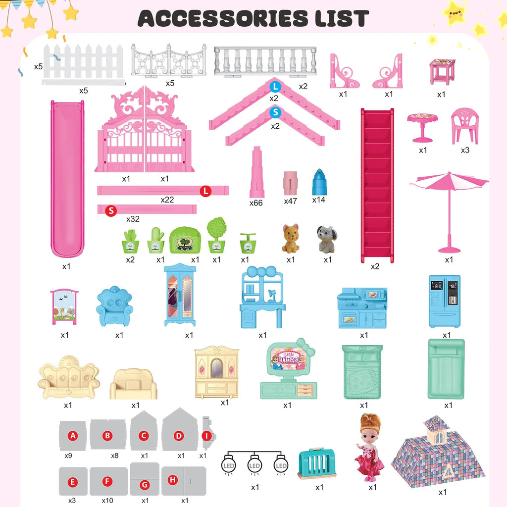 275PCS Dollhouse Kit with 11 Room Furniture Pink Princess Castle Playhouse M82580