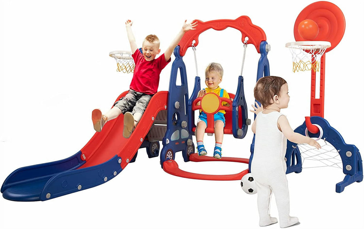 5 in 1 Kids Slide and Swing Set Plastic Blue H44434