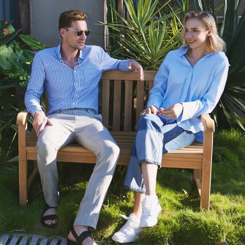 A-Grade Natural Teak Outdoor Bench with Curved Backrest and Arch Armrest F77516
