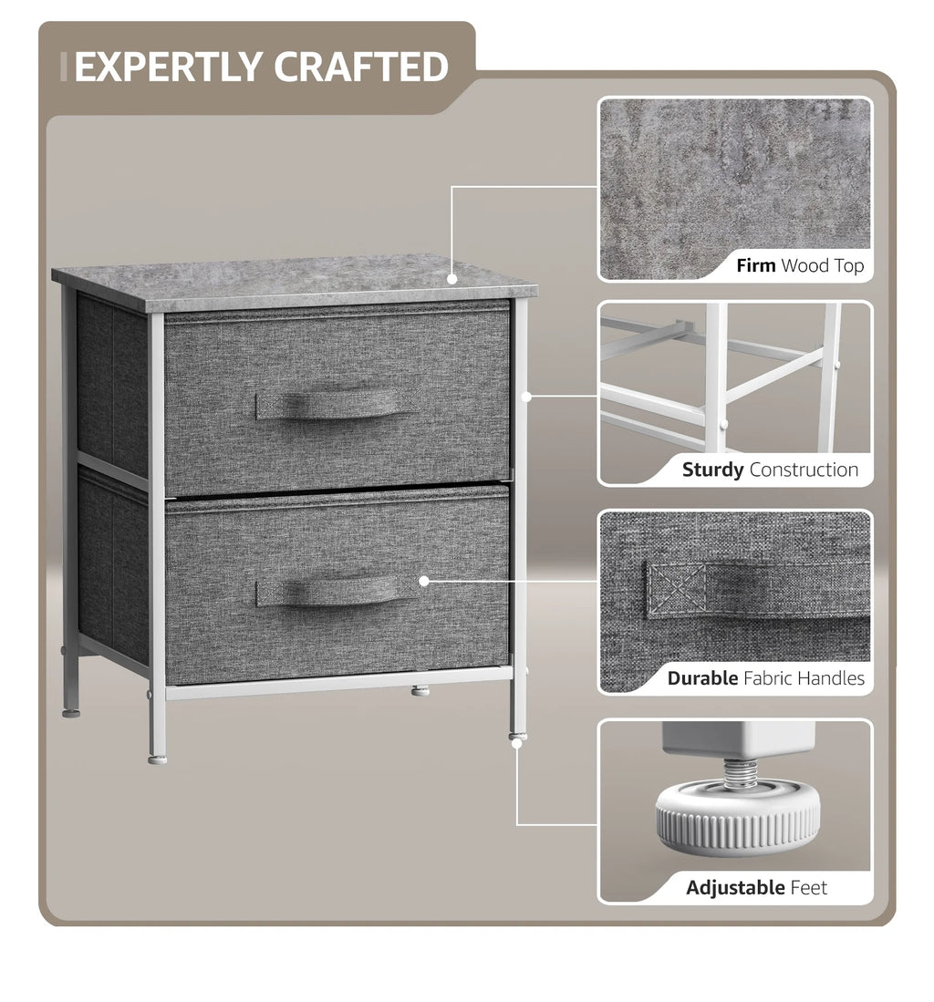 2 Drawer Nightstand with Steel Frame, Wood Top, Fabric Bins Y667