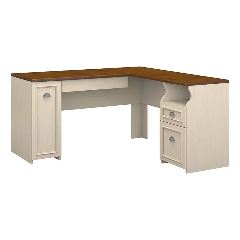 L Shaped Engineered Wood Desk in Antique White K238429