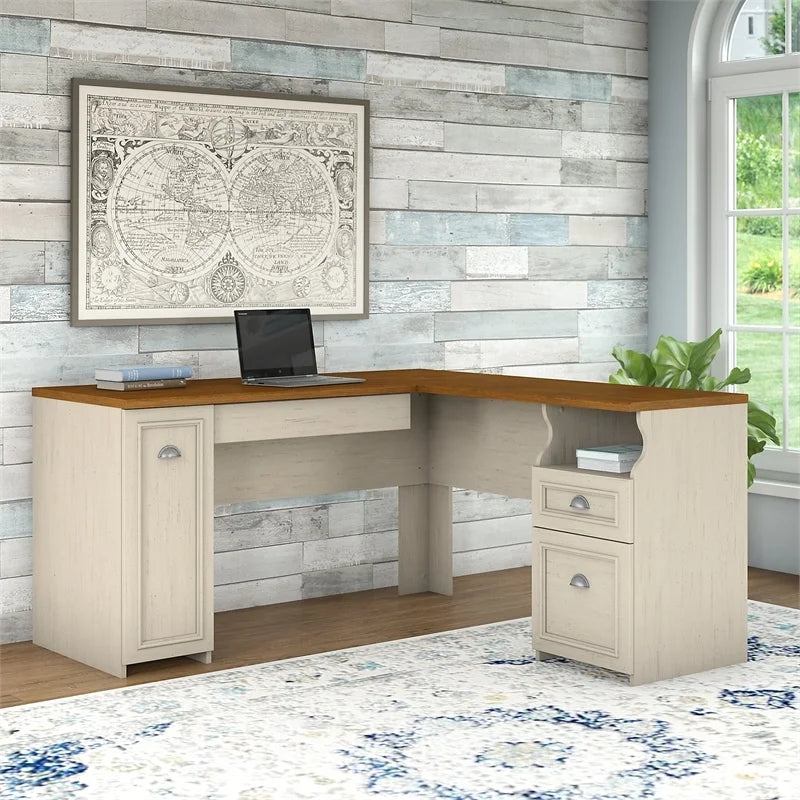 L Shaped Engineered Wood Desk in Antique White K238429