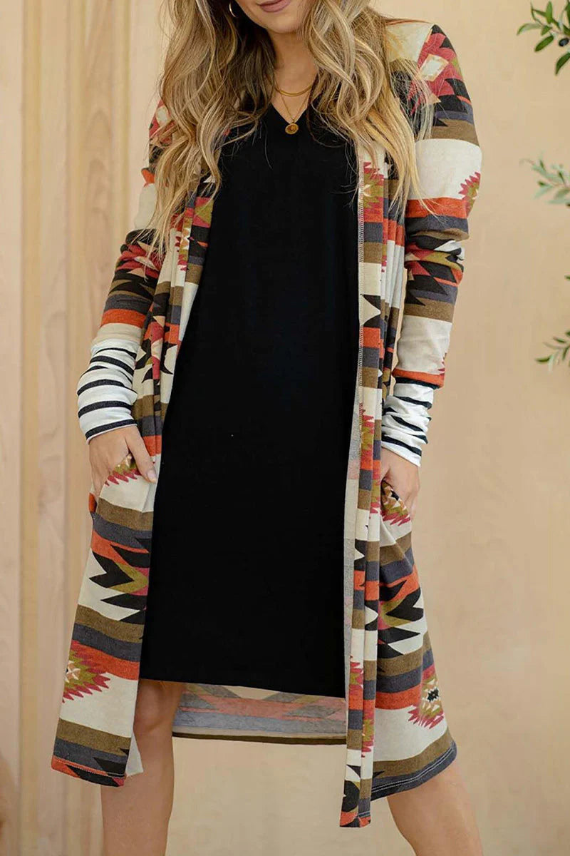Geometric Print Contrast Cardigan Collar Outerwear O961
