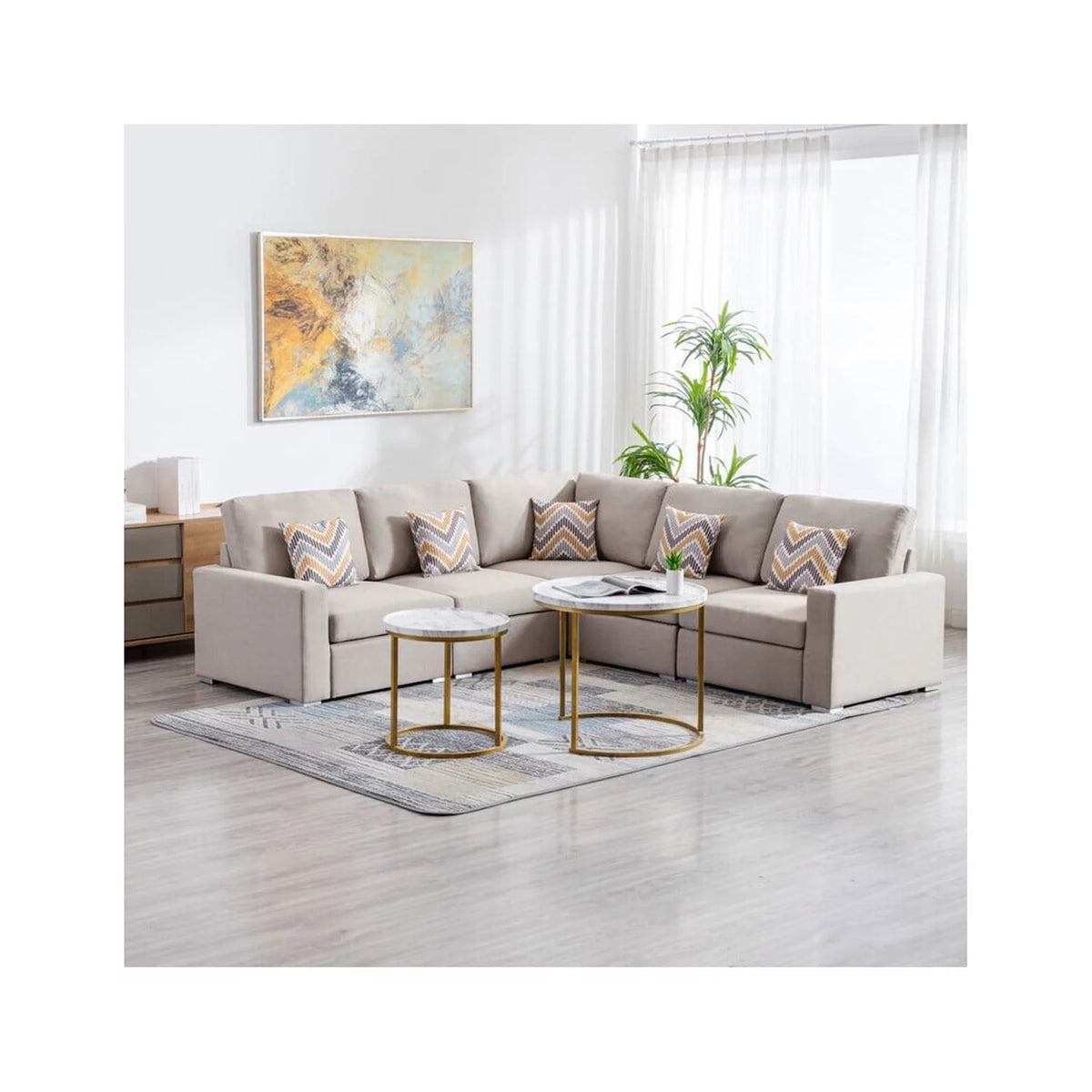 Linen Fabric 5Pc Reversible Sectional Sofa with Pillows L953