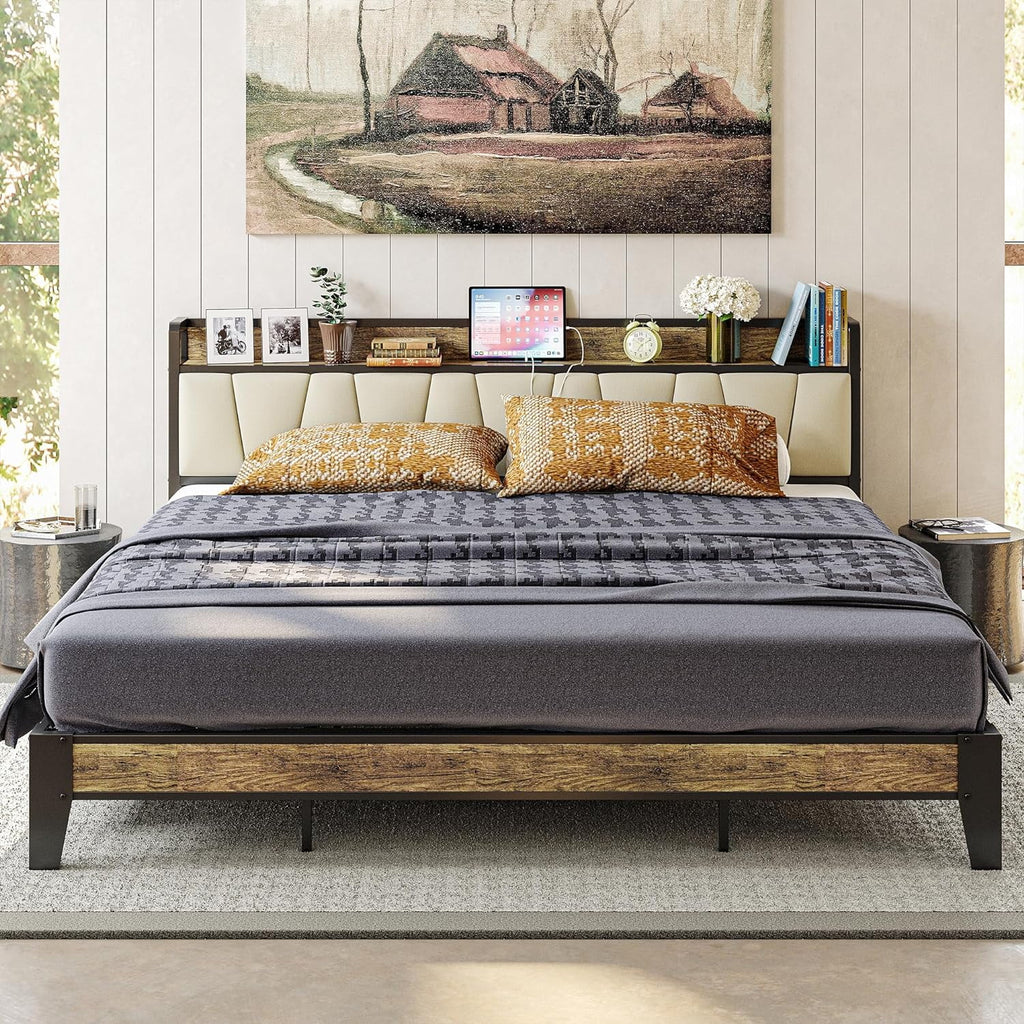 King Bed Frame with Storage Headboard and Charging Station Z6912