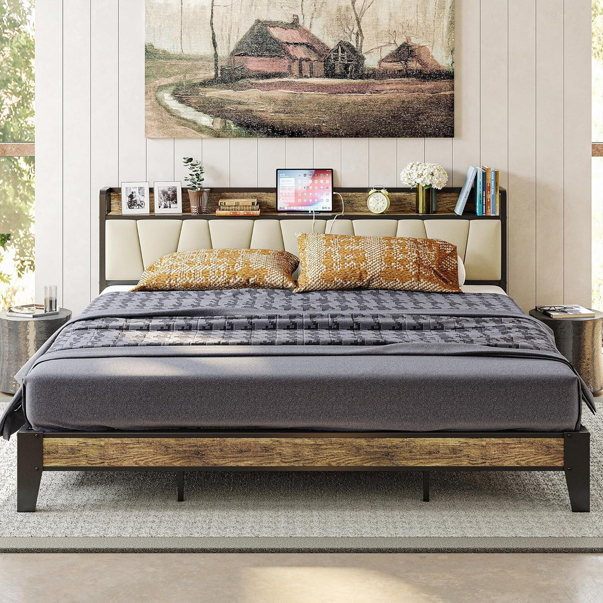 King Bed Frame with Storage Headboard and Charging Station Z6912