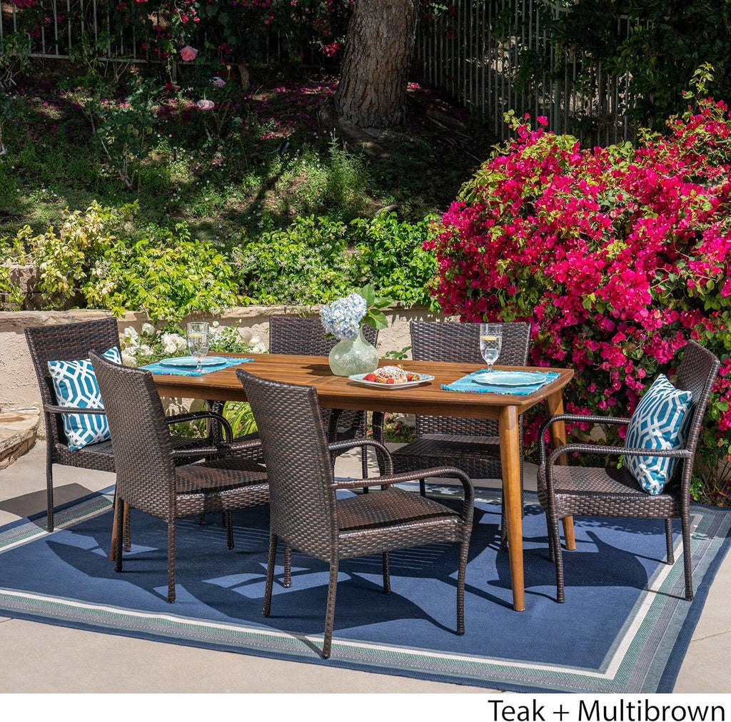 7 Piece Multibrown Wicker and Acacia Wood Dining Set G206