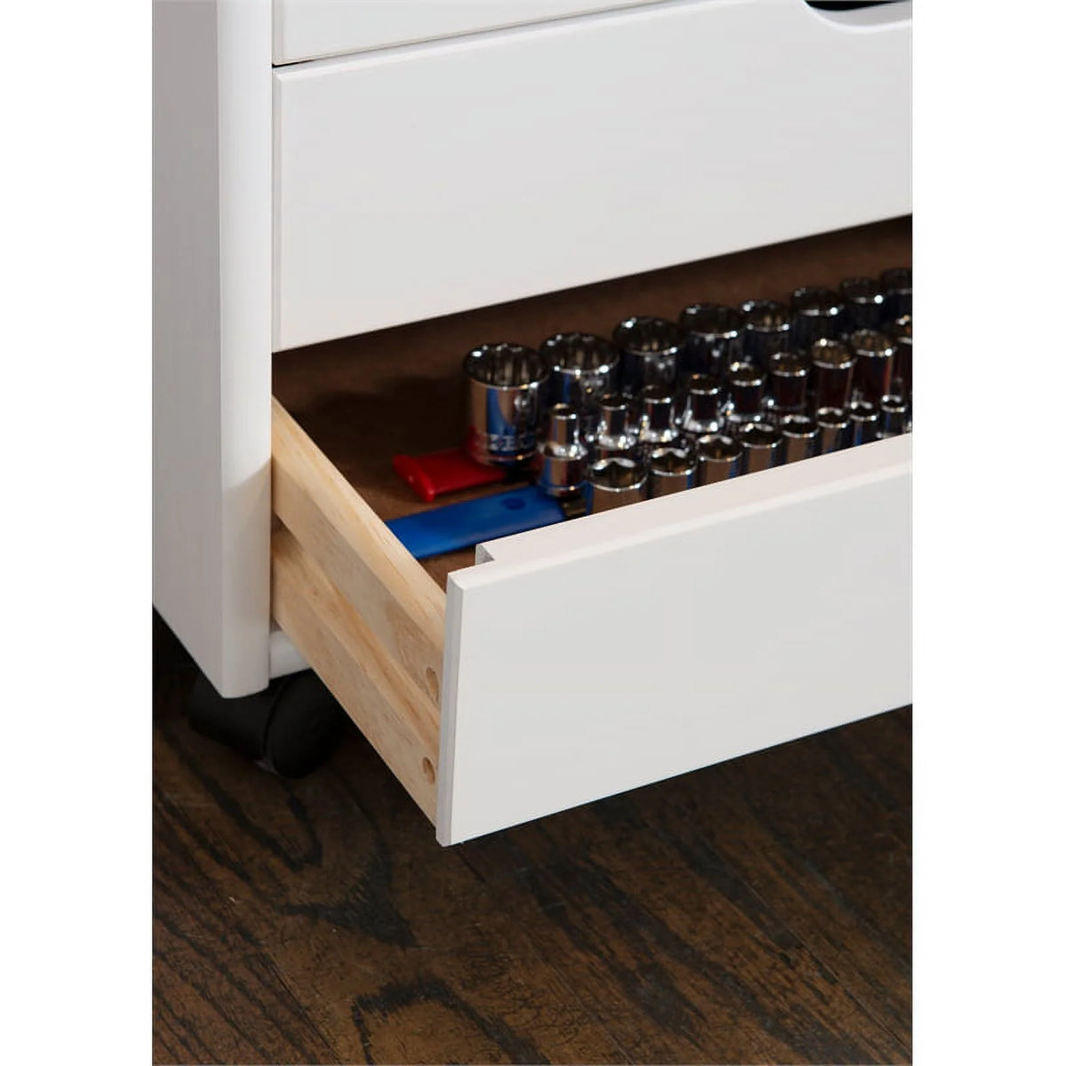 Six Drawer Wood Rolling Cart in White Wash K936511