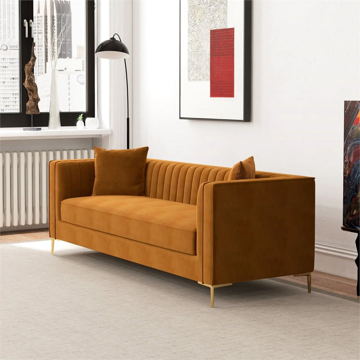 Cognac Tan Velvet Square Arm Couch N3766