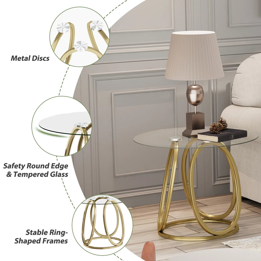 Modern Glass Round End Table with Gold Metal Frame A64887