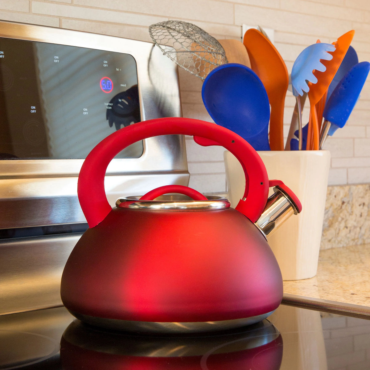 Stainless Steel Whistling Kettle, 2.5 Quarts, Matte Red T97361