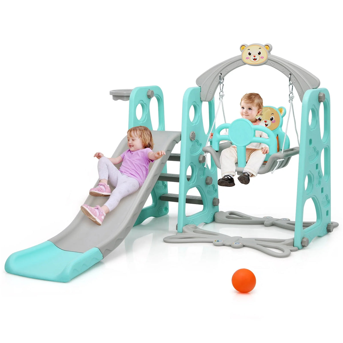 4-in-1 Toddler Climber and Swing Set with Basketball Hoop D655