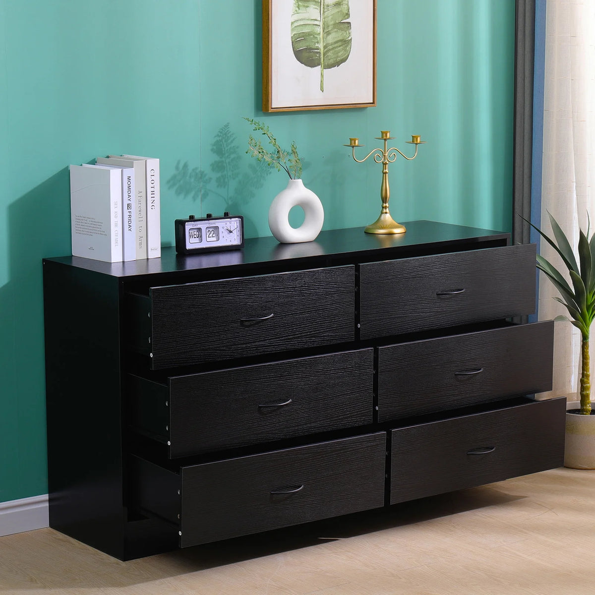 Black 6 Drawer Wood Dresser Y364