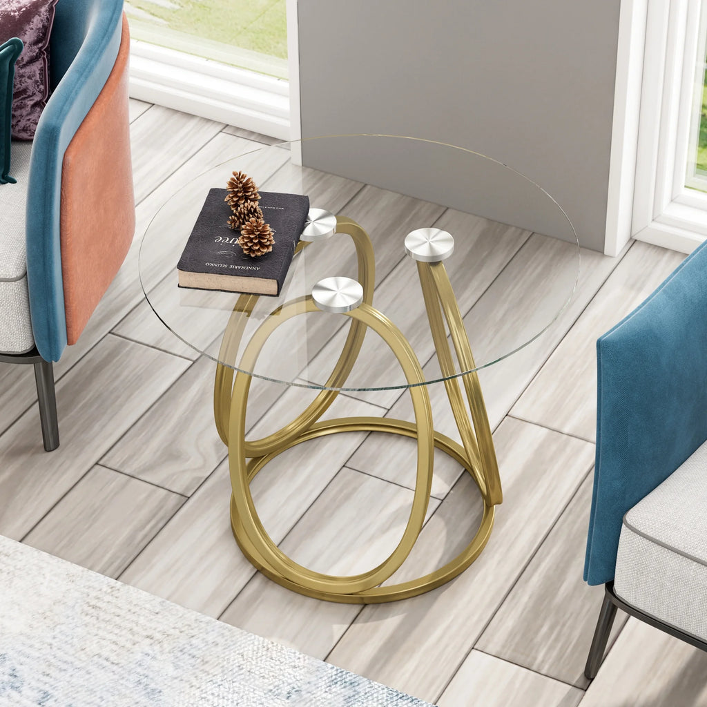 Modern Glass Round End Table with Gold Metal Frame A64887