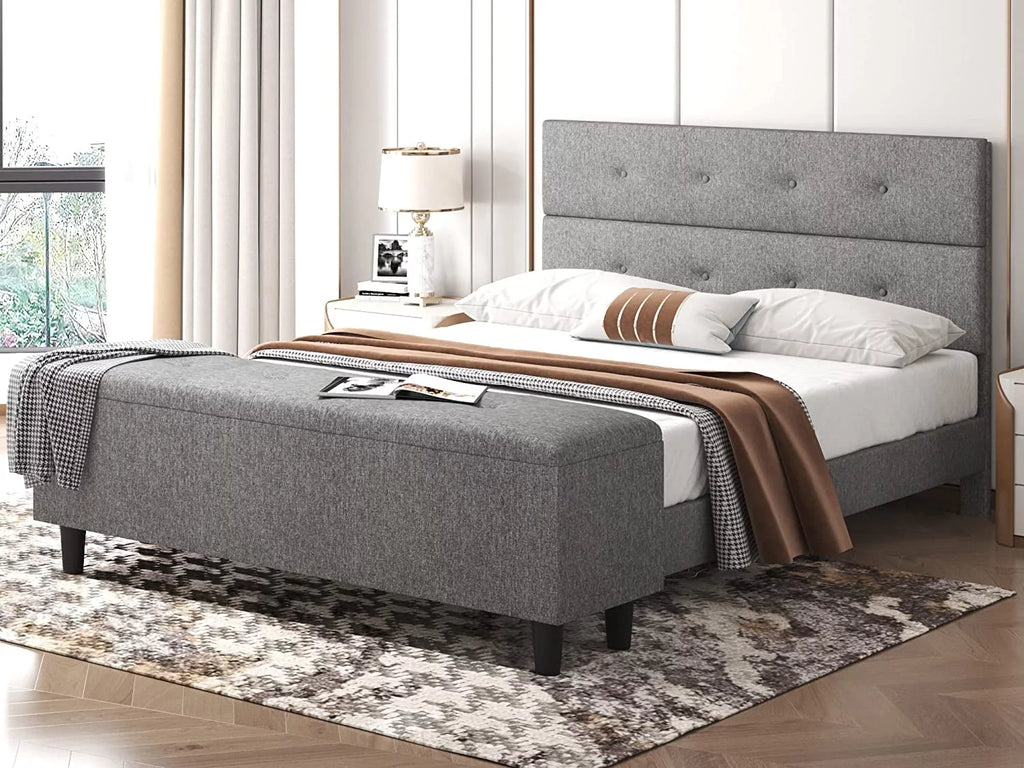 Queen Platform Bed Frame with Storage Bench and Headboard Gray U301932