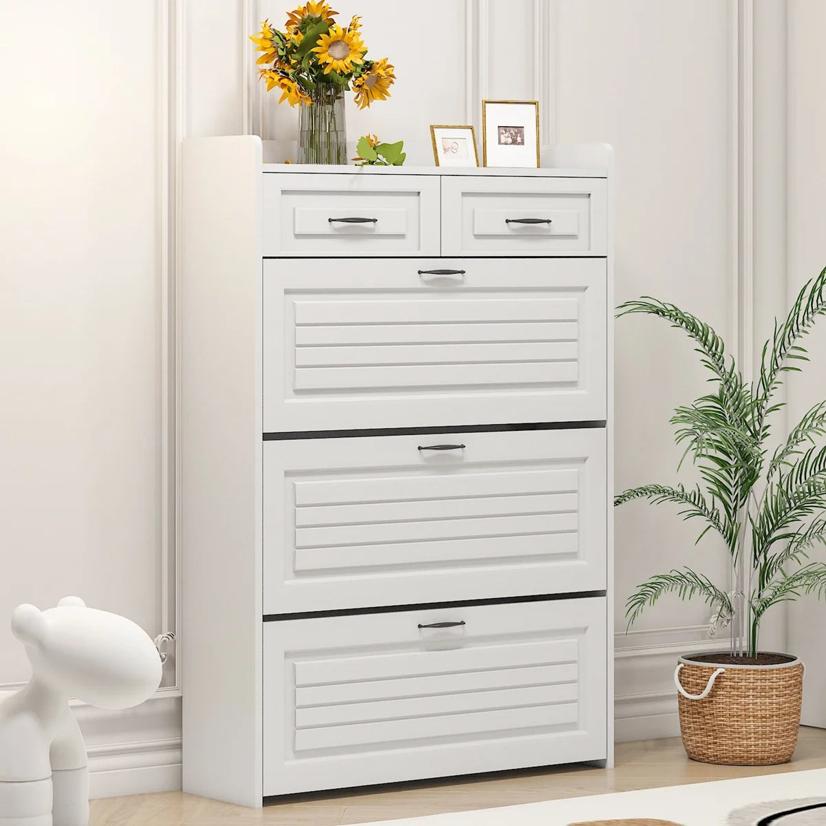White Narrow 3 Door 2 Drawer Shoe Storage Cabinet H33522