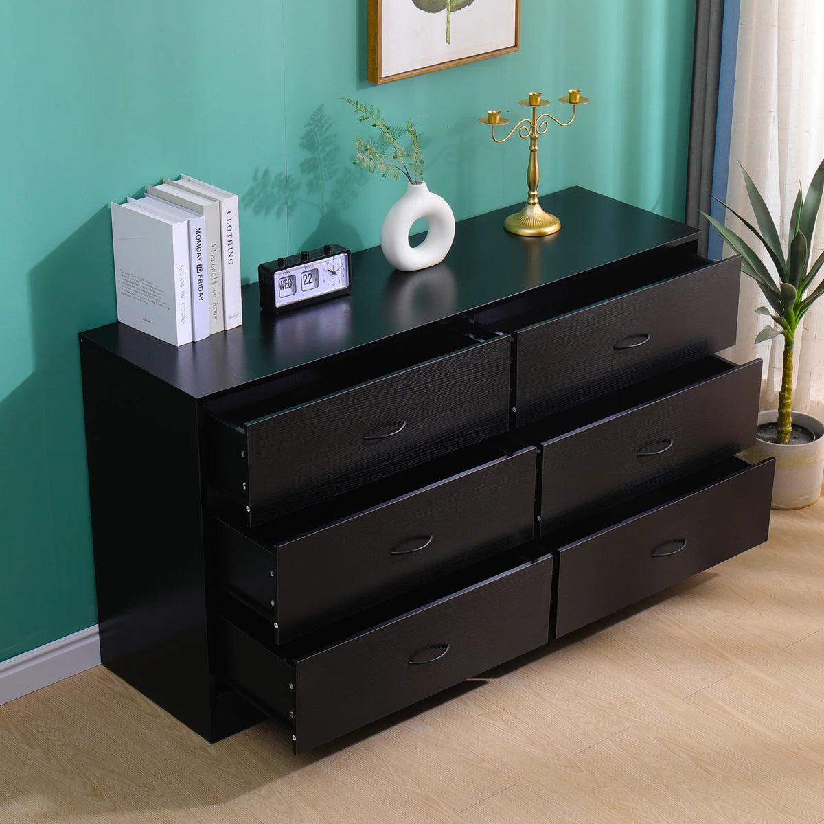 Black 6 Drawer Wood Dresser Y364