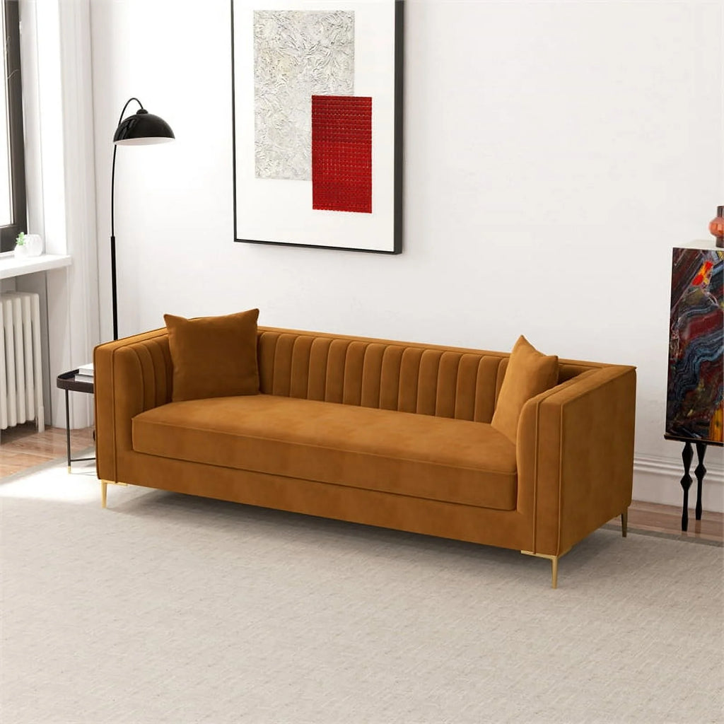 Cognac Tan Velvet Square Arm Couch N3766
