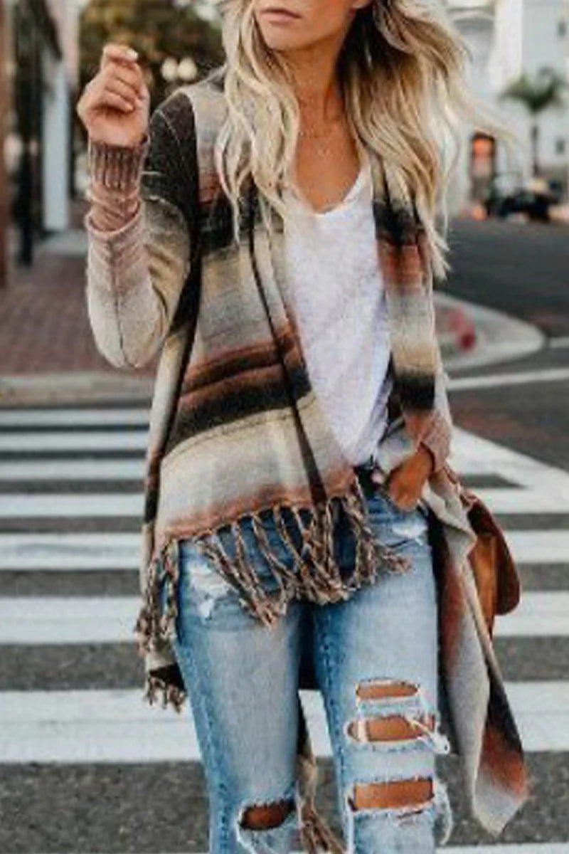 Striped Tassel Button Cardigan J579