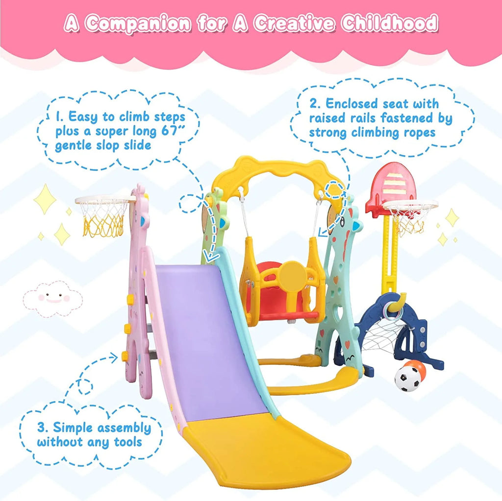5 in 1 Kids Slide and Swing Set Plastic Blue H44434