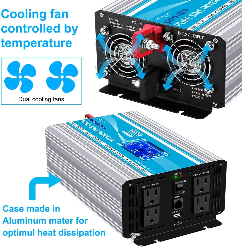 2000 Watt Pure Sine Wave Inverter 12V DC to 110V/120V AC with LCD Display & USB Port J3130