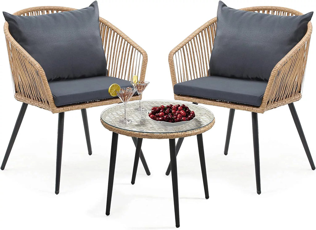 3-Piece Wicker Bistro Set with Cushions and Glass Side Table L2067