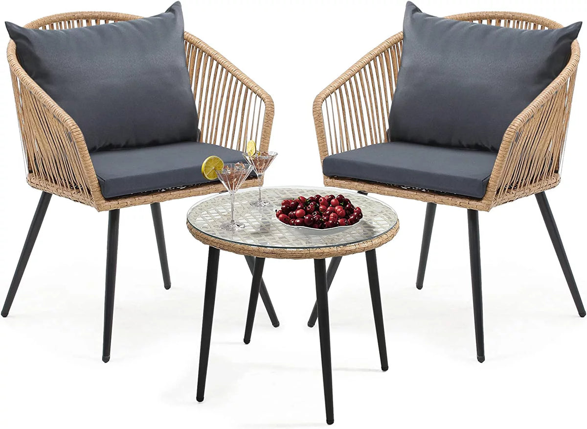 3-Piece Wicker Bistro Set with Cushions and Glass Side Table L2067