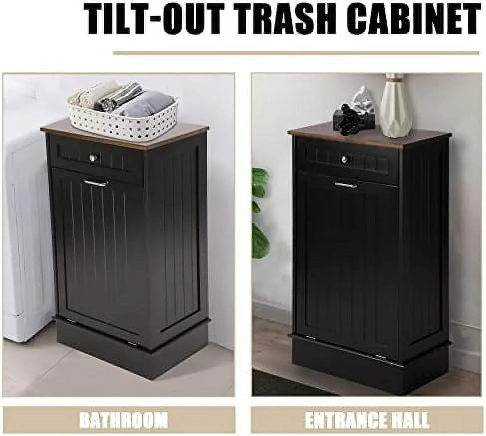 Free-Standing Tilt Out Trash Bin with Drawer and Countertop Grey J4577