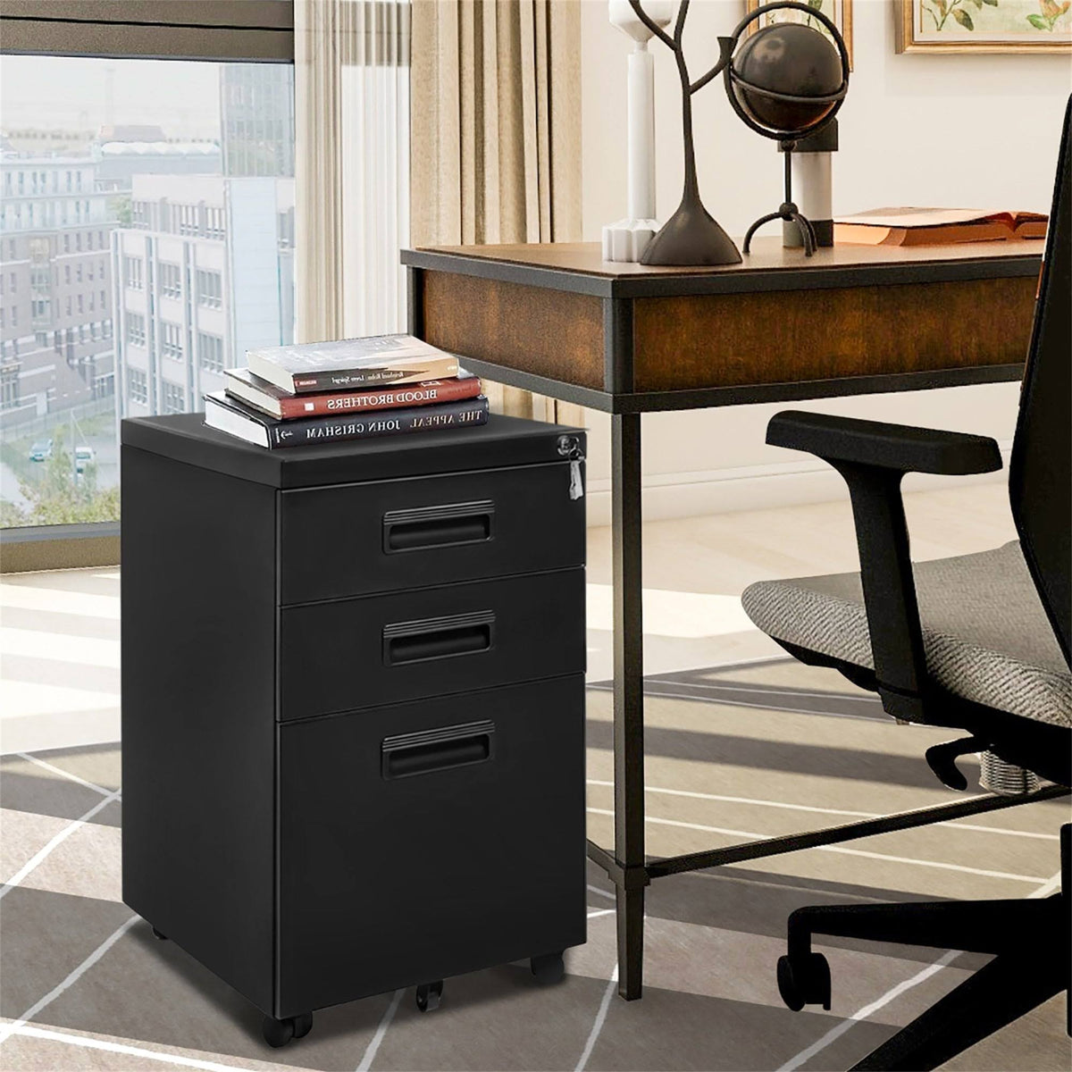 3-Drawer Black Metal File Cabinet with Keys D507611