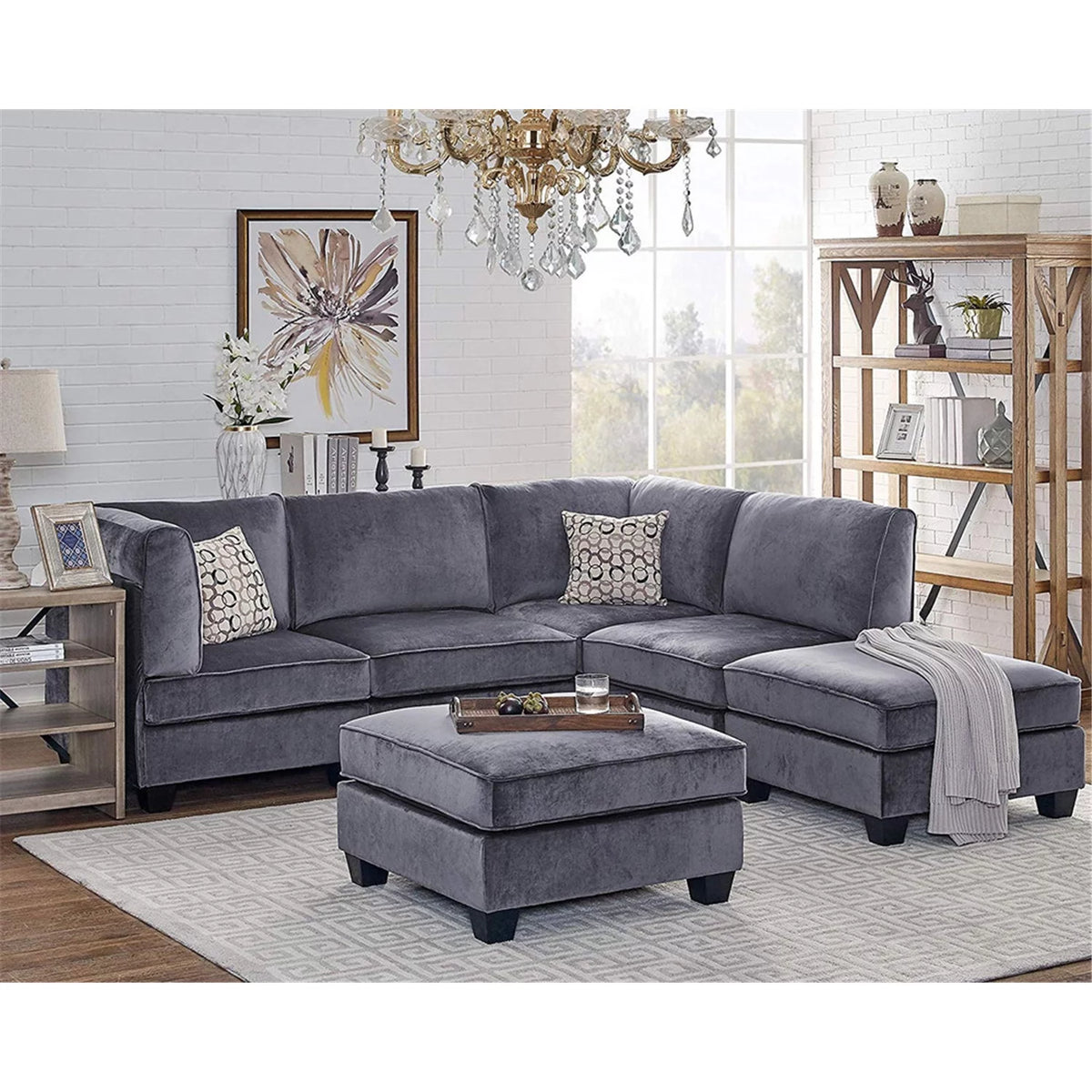 Gray Velvet 6Pc Modular Sectional Sofa U126