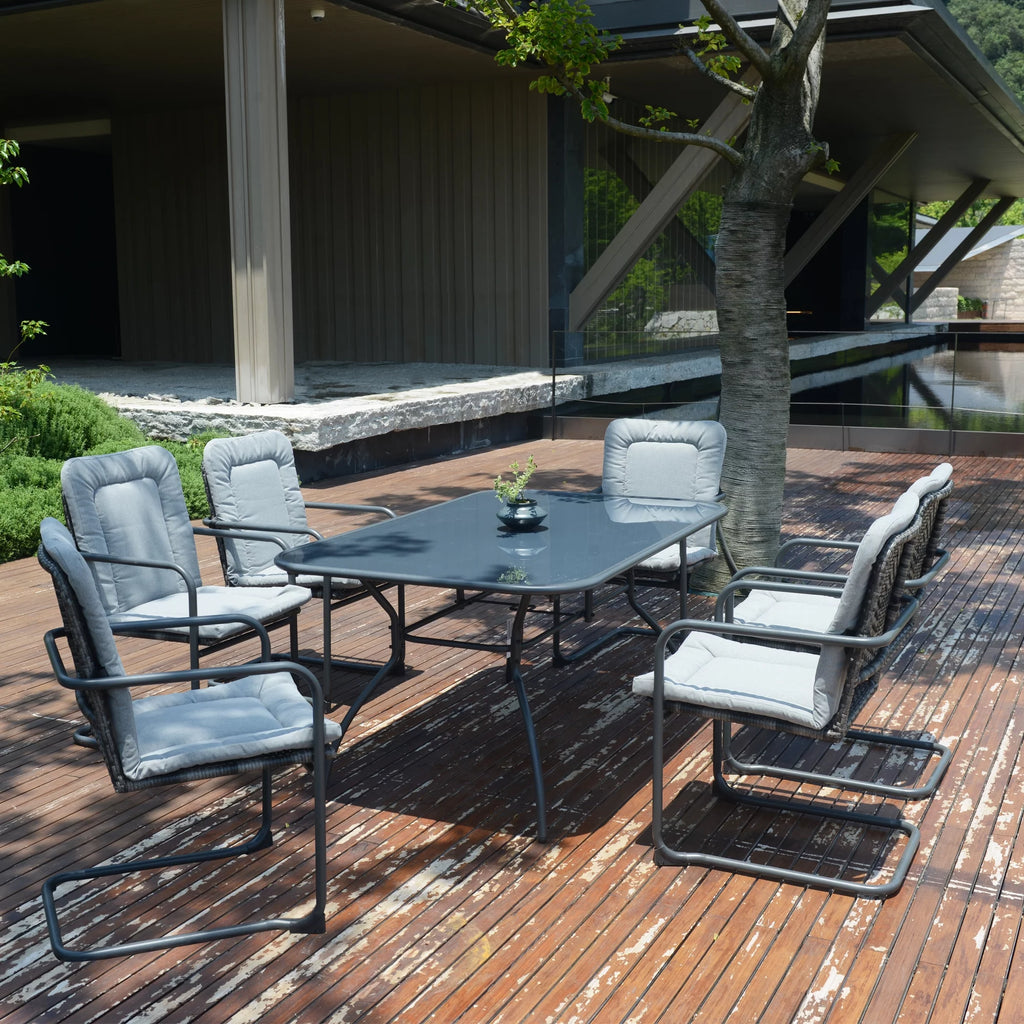 7 Pcs Wicker Dining Set with Tempered Glass Table K384