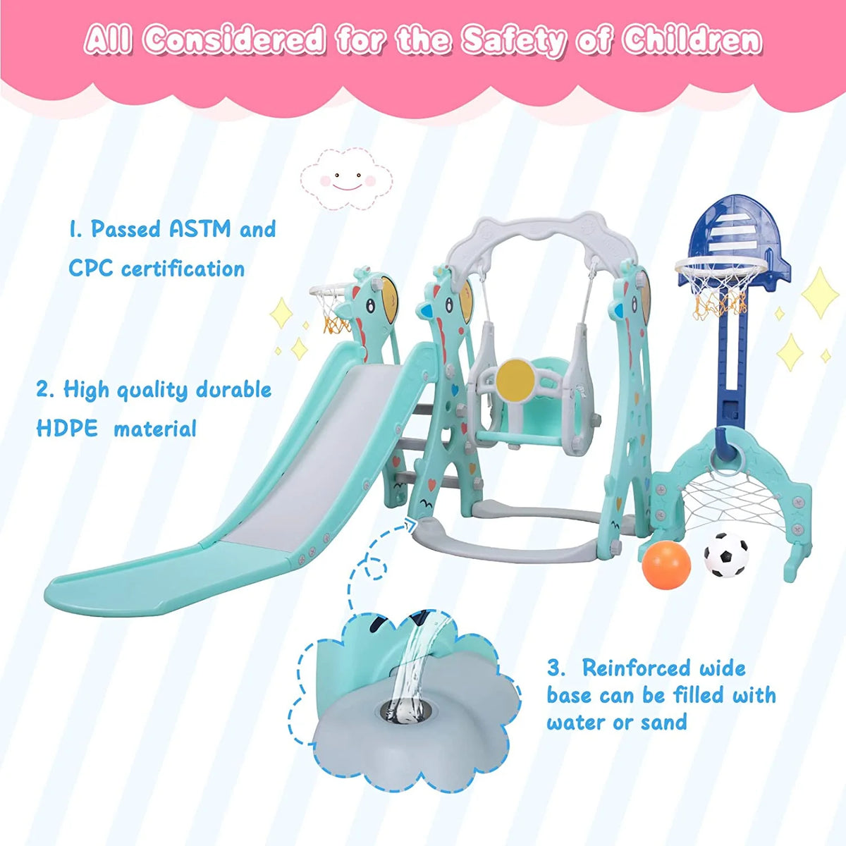 5 in 1 Kids Slide and Swing Set Plastic Blue H44434